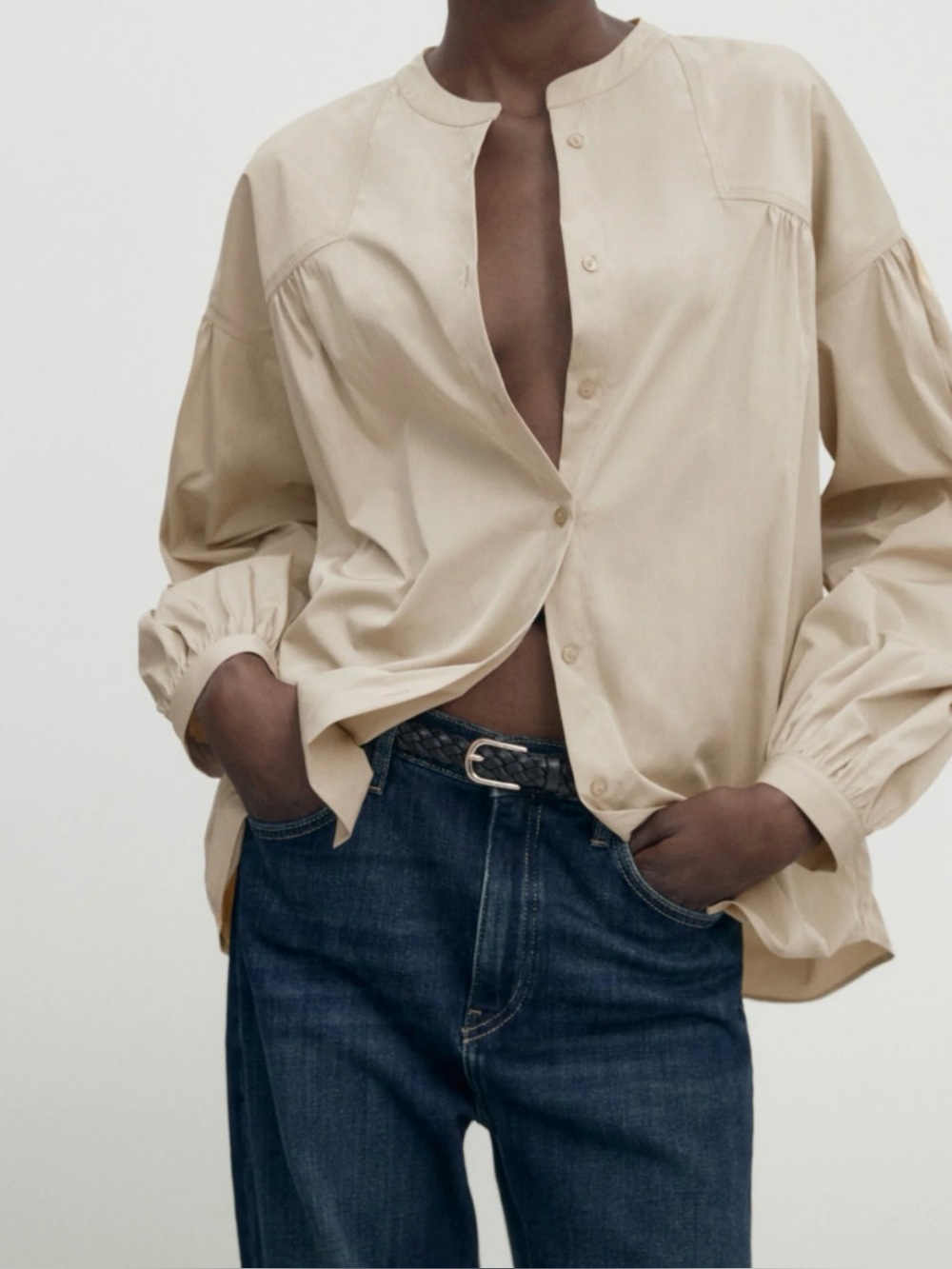 NWT Massimo Dutti "Camisa Fantasia" Beige Gathered Blouse Shirt Size XS (Zara)